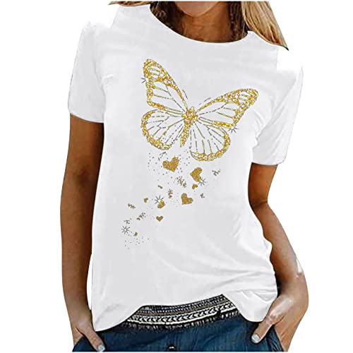 Tshirt Damen Oberteile mit Gold Schmetterlings Print Rundhals Kurzarm Bluse Lässige Tees Pullover Frühlings Herbst Basic Shirt All Match Tunika Tops Geschenk für Teenager Mädchen Pulli Streetwear Tshirt Damen Oberteile mit Gold Schmetterlings Print Rundhals Kurzarm Bluse Lässige Tees Pullover Frühlings Herbst Basic Shirt All Match Tunika Tops Geschenk für Teenager Mädchen Pulli Streetwear von Masrin