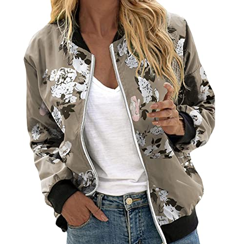 Übergangsjacke Damen Sommer-Herbst Bomberjacke Langarm Winterjacke mit Stehkragen Leichte Baseballjacke Blumendruck Sweatjacke mit Zipper Holzfällerjacke SoftshelljJacke Trainingsjacke für Frauen von Masrin