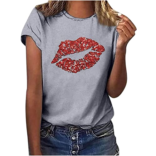 Valentinstag Tshirt Damen Romantische Oberteile mit Rote Lippe Teenager Mädchen Sommertops Frühlings Herbst Basic Shirt Rundhals Kurzarm Pulli Valentinstagsgeschenk für sie Paare Tees Lässige Bluse von Masrin