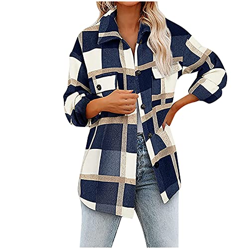 Wollmantel Damen Lässige Karierte Wolljacke mit Print Herbst Mantel Warme Winterjacke mit Taschen Umlegekragen Langarm Oberbekleidung Strickjacke mit Knöpfen von Masrin