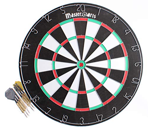 Masterdarts Dartscheibe mit 6 Darts Pfeile - Dartboard Ø45cm - Dartpfeile Metallspitze - Dartscheibe Kork mit Aufhänge Haken - Dart Set - Schwarz/Rot/Weiß/Grün von Masterdarts