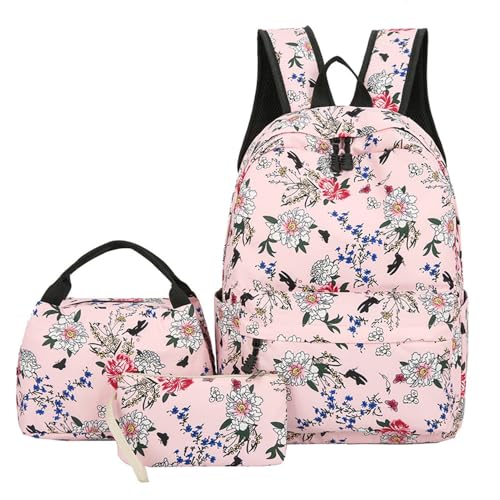 Blumendruck Schulrucksack, Mateju Rucksack Damen Herren, Schulrucksack Teenager, Rucksack Kinder, Leichtgewicht Schulrucksack-Set 3 Stück mit Lunchtasche Federmäppchen (Rosa) von Mateju