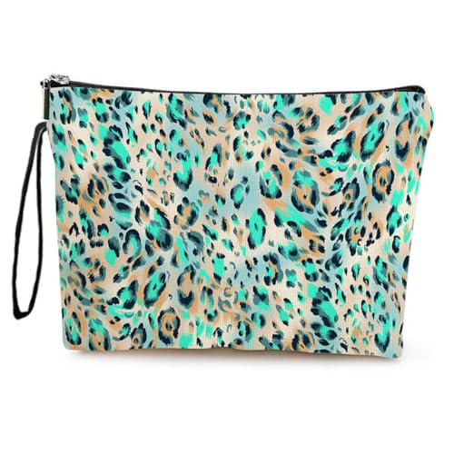 Mateju 2PCS Kosmetiktasche, Kulturtasche Damen, Leopard Textur Tragbare Kulturbeutel, Doppelseitig Make up Tasche, Kosmetiktasche Klein mit Reißverschluss für Tägliche Reisen (Aqua) von Mateju