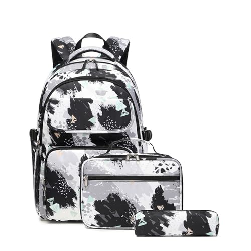 Mateju Farbverlaufsdruck Schulrucksack,Rucksack Damen Herren, Schulrucksack Teenager, Rucksack Kinder,Leichtgewicht Schulrucksack-Set 3 Stück mit Lunchtasche Federmäppchen (Schwarz) von Mateju