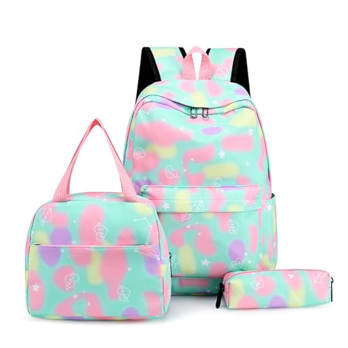 Mateju Schulrucksack, Mehrfarbige Liebe Rucksack Damen Herren, Schulrucksack Teenager, Rucksack Kinder, Leichtgewicht Schulrucksack-Set 3 Stück mit Lunchtasche Federmäppchen (Grün) von Mateju