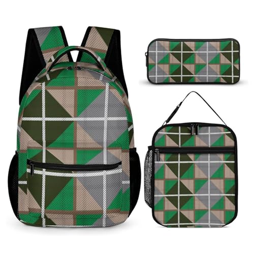 Mateju Schulrucksack, Mehrfarbiges Dreieck Rucksack Damen Herren, Schulrucksack Teenager, Rucksack Kinder, Leichtgewicht Schulrucksack-Set 3 Stück mit Lunchtasche Federmäppchen (Grün) von Mateju