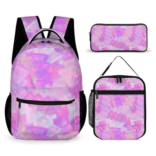 Mateju Schulrucksack, Mehrfarbiges Dreieck Rucksack Damen Herren, Schulrucksack Teenager, Rucksack Kinder, Leichtgewicht Schulrucksack-Set 3 Stück mit Lunchtasche Federmäppchen (Lila) von Mateju