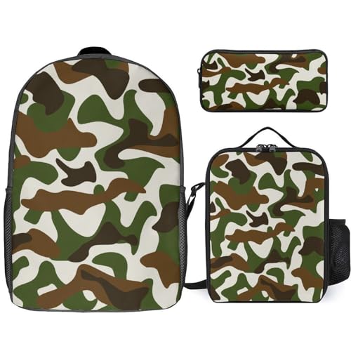 Mateju Schulrucksack, Rucksack Damen Herren, Camouflage-Stil Schulrucksack Teenager, Rucksack Kinder, Leichtgewicht Schulrucksack-Set 3 Stück mit Lunchtasche Federmäppchen (Grün) von Mateju