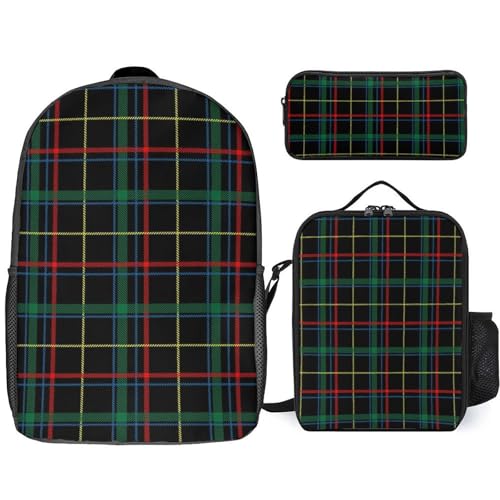 Mateju Schulrucksack, Rucksack Damen Herren, Mehrfarbiges Plaid Schulrucksack Teenager, Rucksack Kinder, Leichtgewicht Schulrucksack-Set 3 Stück mit Lunchtasche Federmäppchen (Schwarz) von Mateju