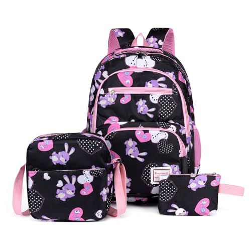 Mateju Schulrucksack, Rucksack Damen Herren, Schulrucksack Teenager, Leichtgewicht 3 Stück Rucksack Kinder, Kaninchen-Druck Schulrucksack-Set mit Lunchtasche Federmäppchen (Schwarz) von Mateju