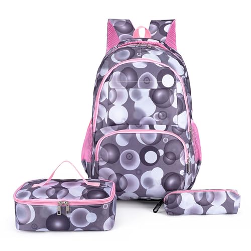 Mateju Schulrucksack, Rucksack Damen Herren, Schulrucksack Teenager, Leichtgewicht 3 Stück Rucksack Kinder, KreisDruck Schulrucksack-Set mit Lunchtasche Federmäppchen (Schwarz) von Mateju