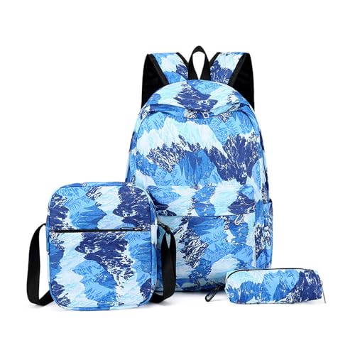 Mateju Schulrucksack, Rucksack Damen Herren, Schulrucksack Teenager, Leichtgewicht 3 Stück Rucksack Kinder, Modedruck Schulrucksack-Set mit Lunchtasche Federmäppchen (Blau) von Mateju