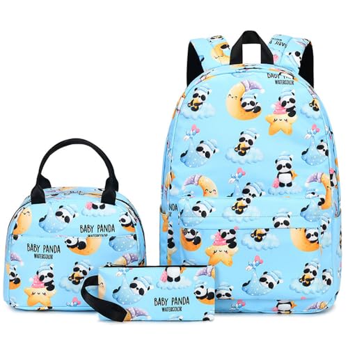 Mateju Schulrucksack, Rucksack Damen Herren, Schulrucksack Teenager, Leichtgewicht 3 Stück Rucksack Kinder, PandaDruck Schulrucksack-Set mit Lunchtasche Federmäppchen (Blau) von Mateju