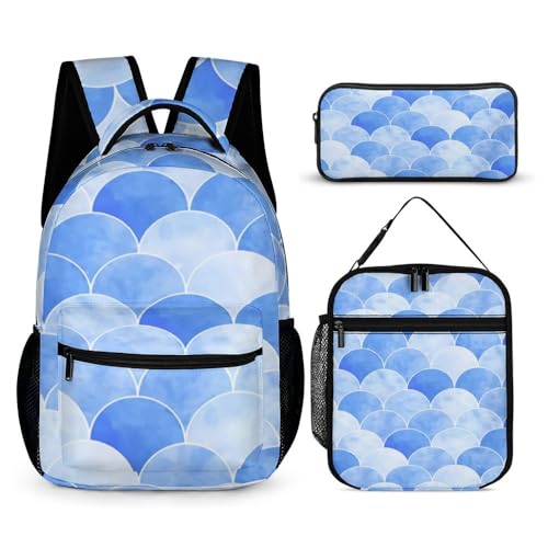 Mateju Schulrucksack, Rucksack Damen Herren, Schulrucksack Teenager, Leichtgewicht Rucksack Kinder, Skalendruck Schulrucksack-Set 3 Stück mit Lunchtasche Federmäppchen (Blau) von Mateju