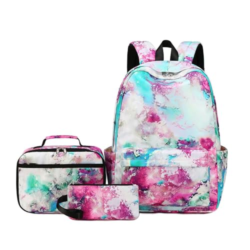 Mateju Schulrucksack, Rucksack Damen Herren, Schulrucksack Teenager, Wasserdicht 3 Stück Rucksack Kinder, Regenbogen Schulrucksack-Set mit Lunchtasche Federmäppchen (Lila Marmor) von Mateju