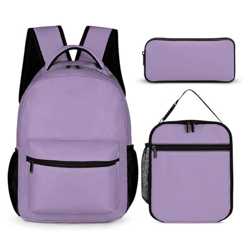 Mateju Schulrucksack, Volltonfarbe Rucksack Damen Herren, Schulrucksack Teenager, Rucksack Kinder, Leichtgewicht Schulrucksack-Set 3 Stück mit Lunchtasche Federmäppchen (Lila) von Mateju