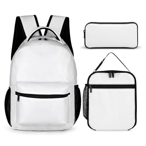 Mateju Schulrucksack, Volltonfarbe Rucksack Damen Herren, Schulrucksack Teenager, Rucksack Kinder, Leichtgewicht Schulrucksack-Set 3 Stück mit Lunchtasche Federmäppchen (Weiß) von Mateju