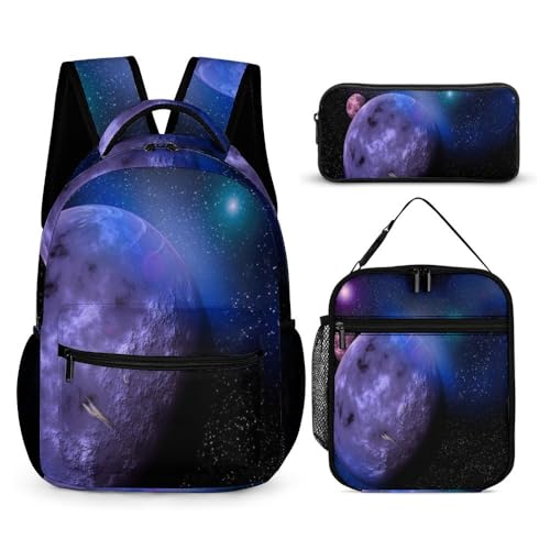 Mateju Sternenhimmel Druck Schulrucksack,Rucksack Damen Herren, Schulrucksack Teenager, Rucksack Kinder,Leichtgewicht Schulrucksack-Set 3 Stück mit Lunchtasche Federmäppchen (Lila) von Mateju