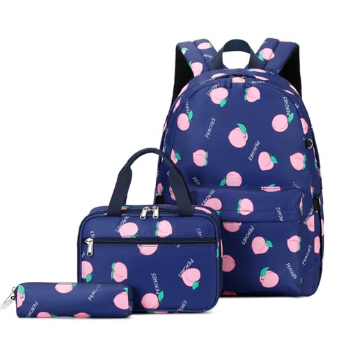 Mateju Süßer Pfirsich-Druck Schulrucksack,Rucksack Damen Herren, Schulrucksack Teenager, Rucksack Kinder,Leichtgewicht Schulrucksack-Set 3 Stück mit Lunchtasche Federmäppchen (Blau) von Mateju