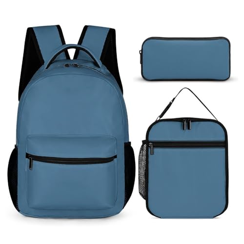 Volltonfarbe Schulrucksack, Mateju Rucksack Damen Herren, Schulrucksack Teenager, Rucksack Kinder, Leichtgewicht Schulrucksack-Set 3 Stück mit Lunchtasche Federmäppchen (Marineblau) von Mateju