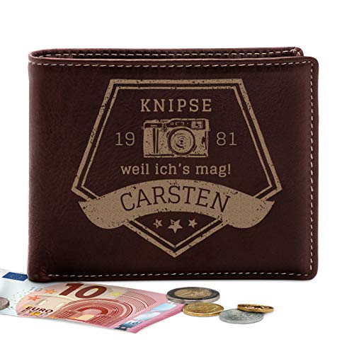 Maverton Ledergeldbörse Portemonnaie Herren mit Gravur - Geldbeutel Brieftasche - Geschenk Geburtstag Mann - 12,5x10cm - aus Echtleder - braun - Knipsen von Maverton