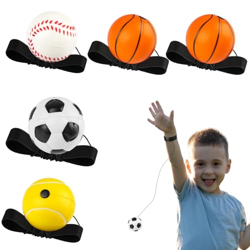 Maxmoc 5 Stück Ball mit Schnur Kinder, 6cm Springball mit Schnur, Gummi Ball mit Gummiband Handgelenk, Sport Spielzeug für Kinder Erwachsen Basketball Fußball Baseball Tennis von Maxmoc