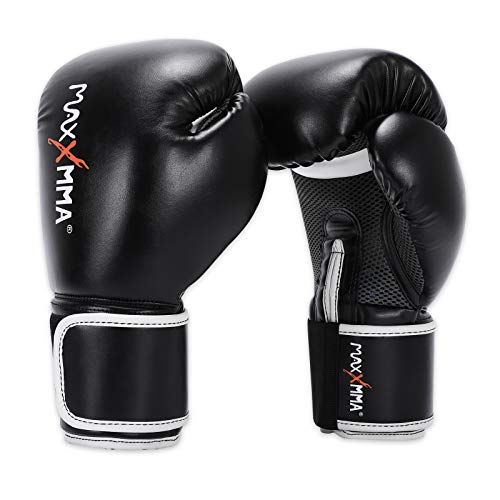 MaxxMMA Pro Style Boxhandschuhe für Damen und Herren, Effiziente Stoßdämpfung, Handgelenkschutz, Boxsack, MMA, Muay Thai, Sparring (Schwarz, 12oz) von MaxxMMA
