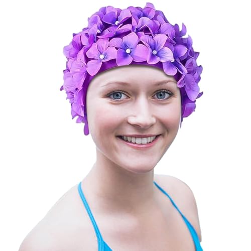 Mbiyhgta 3D-Blumen-Badekappe – stilvolle Blumen-Badekappe für Damen, bequeme, elastische lange Haare, Badekappe für Damen, Erwachsene, Kinder von Mbiyhgta