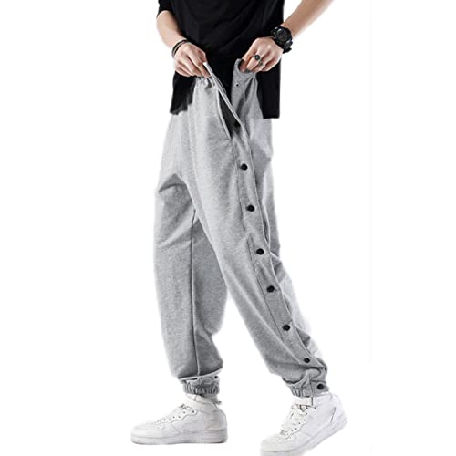 Mdrcg Herren Hosen mit seitlicher Knopfleiste Streifen Jogginghose Persönlichkeit Seitenschnalle Split Casual Loose Basketball Trainingshose,Grau,XL von Mdrcg