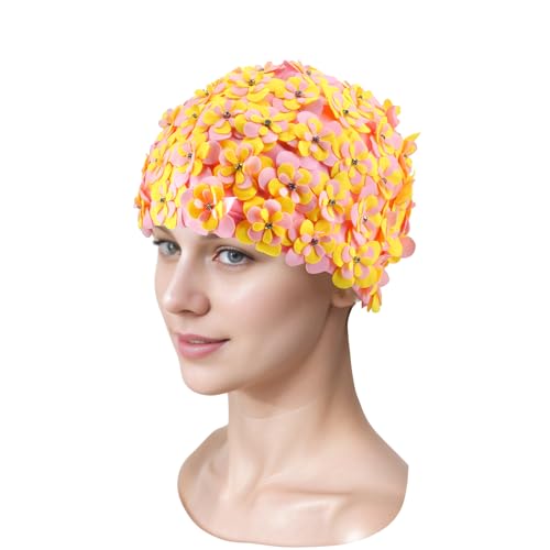 Medifier Badekappe im Vintage-Stil mit Blumenmuster, für Damen und Mädchen, elastischer Retro-Badeturban mit Blumen, Strass-Akzenten, Rosa und Gelb Medifier Badekappe im Vintage-Stil mit Blumenmuster, für Damen und Mädchen, elastischer Retro-Badeturban mit Blumen, Strass-Akzenten, Rosa und Gelb von Medifier