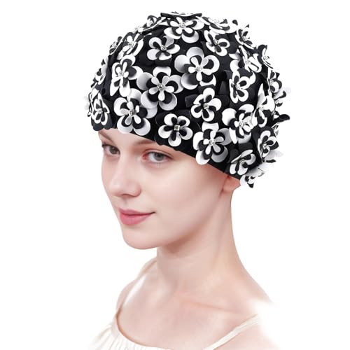 Medifier Badekappe im Vintage-Stil mit Blumenmuster, für Damen und Mädchen, elastischer Retro-Badeturban mit Blumen, Strass-Akzenten, Schwarz und Weiß Medifier Badekappe im Vintage-Stil mit Blumenmuster, für Damen und Mädchen, elastischer Retro-Badeturban mit Blumen, Strass-Akzenten, Schwarz und Weiß von Medifier