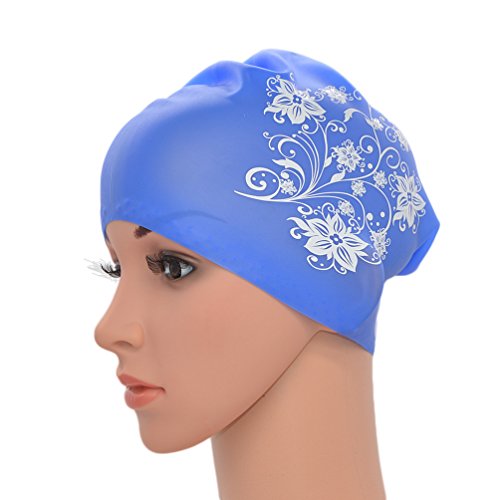 Medifier Damen Badekappe mit Blumendruck, elastisch, Silikon, für langes Haar, Erwachsene (blau) von Medifier