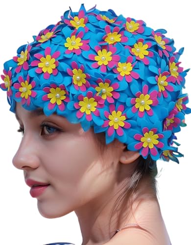 Medifier Badekappe mit Blumenmuster, Retro-Stil, für Damen, (Blau) von Medifier