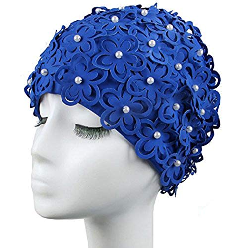 Medifier Damen Badekappe mit Hohlen Blumen und Perlen – Handgenäht (Blau) Medifier Damen Badekappe mit Hohlen Blumen und Perlen – Handgenäht (Blau) von Medifier