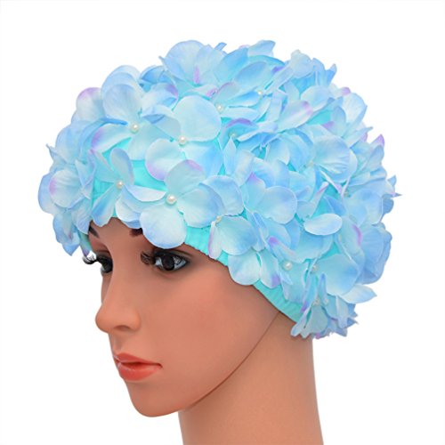 medifier Vintage Blumenmuster Retro Badekappe Badehaube für Damen, hellblau von Medifier