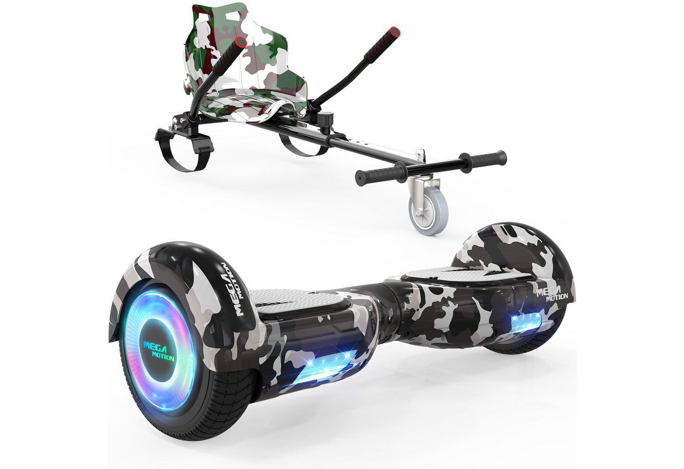 Mega Motion Balance Scooter 6.5 Zoll Hoverboards Hoverkart Mit Sitz und Bluetooth und LED-Licht, 15,00 km/h, mit einem Go-Kart, Geschenk für Kinder und Jugendliche von Mega Motion