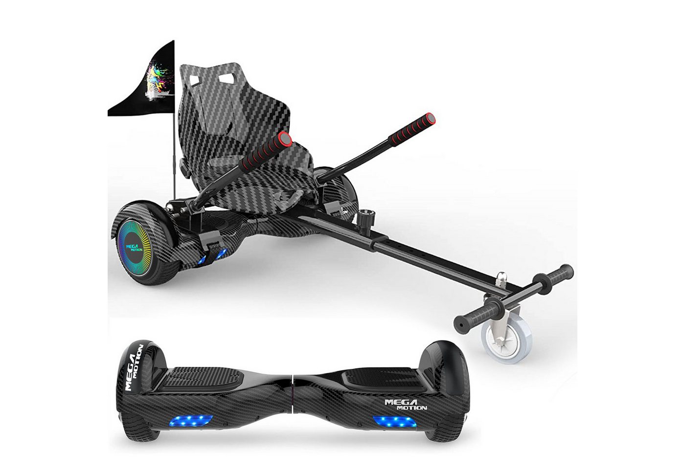 Mega Motion Balance Scooter Kart A03, 15,00 km/h, 6.5" Hoverboards mit Hoverkart Bluetooth Lautsprecher LED-Light von Mega Motion