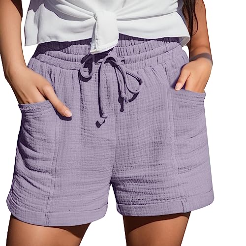 Damen Shorts Sommer Mode Lässige Musselin Hose mit hoher Taille Gerades Bein Sport Lässige Lockere Shorts mit Kordelzug Kurze Hose mit Taschen Gummiband Freizeit Shorts Elastische Stoffhose von MeiLyviba