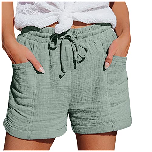 Damen Shorts Sommer Mode Lässige Musselin Hose mit hoher Taille Gerades Bein Sport Lässige Lockere Shorts mit Kordelzug Kurze Hose mit Taschen Gummiband Freizeit Shorts Elastische Stoffhose von MeiLyviba