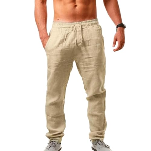 Leinenhose Herren Leicht Sommerhose Elastisch Gummibund Kordelzug Loose Fit Lange Freizeithose Baggy Weite Beine Strandhose Jogginghose Casual Einfarbig Stoffhose für Urlaub Strand Zuhause von MeiLyviba