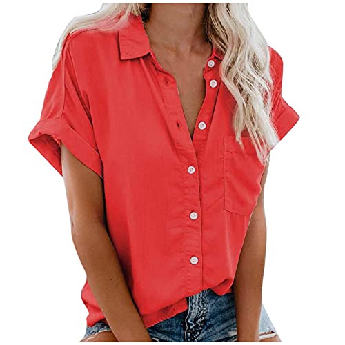 MeiLyviba Damen Bluse Kurzarm Sommershirts Mode Lose Tunika Lose Knöpfe Oberteile Tshirt mit Kragen Kurz Ärmel T Shirt Tops Bunte Blumenmuster Druck V-Ausschnitte Elegant Damenblusen Hemdbluse von MeiLyviba