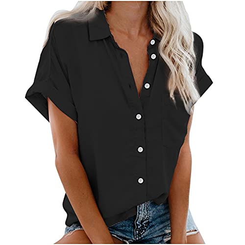 MeiLyviba Damen Bluse Kurzarm Sommershirts Mode Lose Tunika Lose Knöpfe Oberteile Tshirt mit Kragen Kurz Ärmel T Shirt Tops Bunte Blumenmuster Druck V-Ausschnitte Elegant Damenblusen Hemdbluse von MeiLyviba