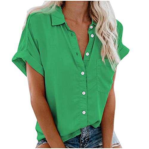 MeiLyviba Damen Bluse Kurzarm Sommershirts Mode Lose Tunika Lose Knöpfe Oberteile Tshirt mit Kragen Kurz Ärmel T Shirt Tops Bunte Blumenmuster Druck V-Ausschnitte Elegant Damenblusen Hemdbluse von MeiLyviba