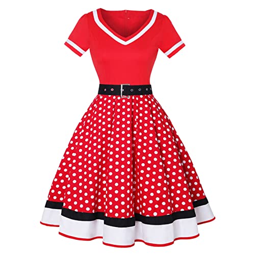 MeiLyviba Rockabilly Kleider Damen 50er Jahre Vintage Kurzarm V-Ausschnitt Polka Dot Swing Coctailkleid Hochzeit Festlich Knielang Kleid A-Linie 60er Jahre Kleid von MeiLyviba