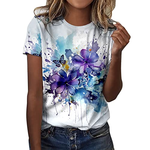 MeiLyviba T-Shirt Damen Sommer Kurzarm Mode Hemd Bluse O-Ausschnitt Motiv Sommershirt Oberteil Tops Pullover Casual Rundhals Damenbluse Kurzen Ärmel von MeiLyviba