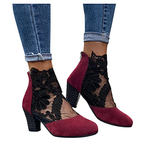 Sandalen Damen mit Absatz Weiß Sandalen Damen Spitze Pumps Schuhe Blockabsatz Stiefeletten Runder Spitze Blumenmuster Mesh Hohle Tüll Strass Sommerstiefel Reißverschluss Freizeit Atmungsaktiv Casual von MeiLyviba