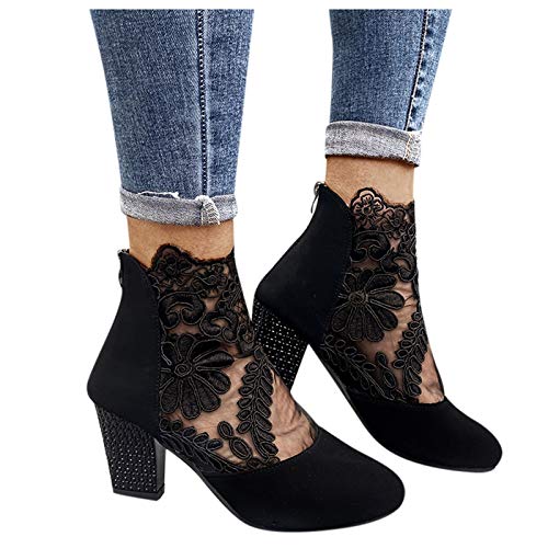 Sandalen Damen mit Absatz Weiß Sandalen Damen Spitze Pumps Schuhe Blockabsatz Stiefeletten Runder Spitze Blumenmuster Mesh Hohle Tüll Strass Sommerstiefel Reißverschluss Freizeit Atmungsaktiv Casual von MeiLyviba