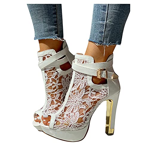 Sandalen Damen mit Absatz Weiß Sandalen Damen Spitze Pumps Schuhe Blockabsatz Stiefeletten Runder Spitze Blumenmuster Mesh Hohle Tüll Strass Sommerstiefel Reißverschluss Freizeit Atmungsaktiv Casual von MeiLyviba