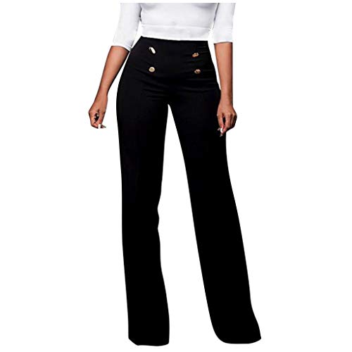 Damen Schlaghose Anzughose Knopf Reißverschluss Freizeithose / Mode Frauen Hippie Hosen High Waist Elegant Pants Feste Lose Beine Pants Retro Business Bootcut Schlag Hose Marlenehose Schwarz Weiß von Meilily