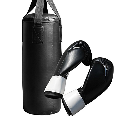 Melko Boxsack 9 Kg Sandsack inkl. Boxhandschuhe + Aufhängung, schwarz, ca. 60 x 25 cm (L x Ø) von Melko